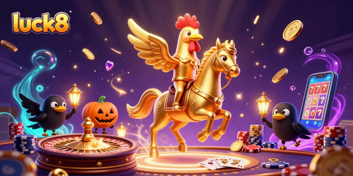 Play thrilling games at luck8 with a vibrant casino atmosphere filled with golden coins and excitement.