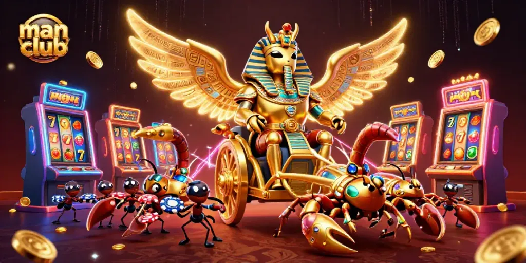 man club slot machine scene with a colossal scarab beetle, scorpions, and poker chips