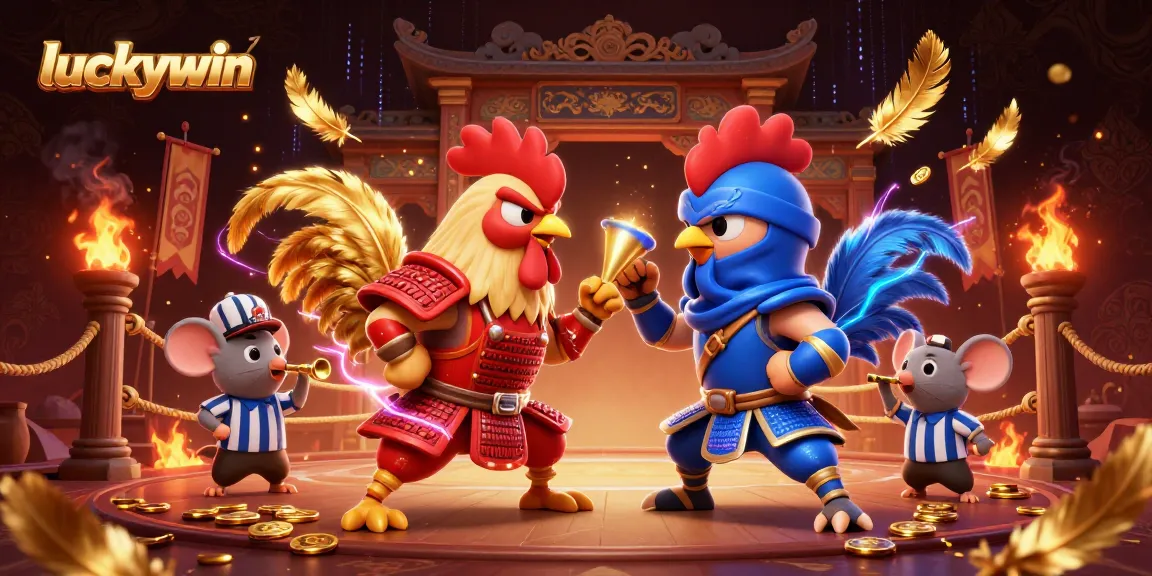 Experience the thrill of luckywin with an intense fight between roosters amid dynamic casino elements.