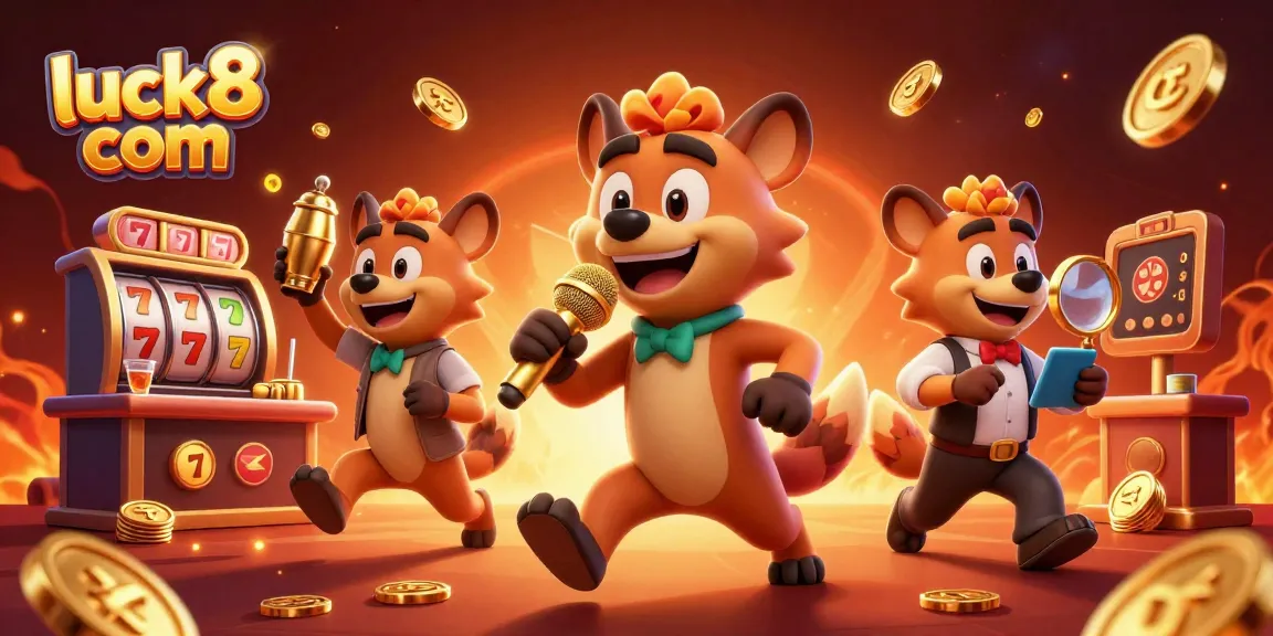 Engage with luck8 com at a vibrant casino club featuring hyenas, slot reels, and festive casino elements