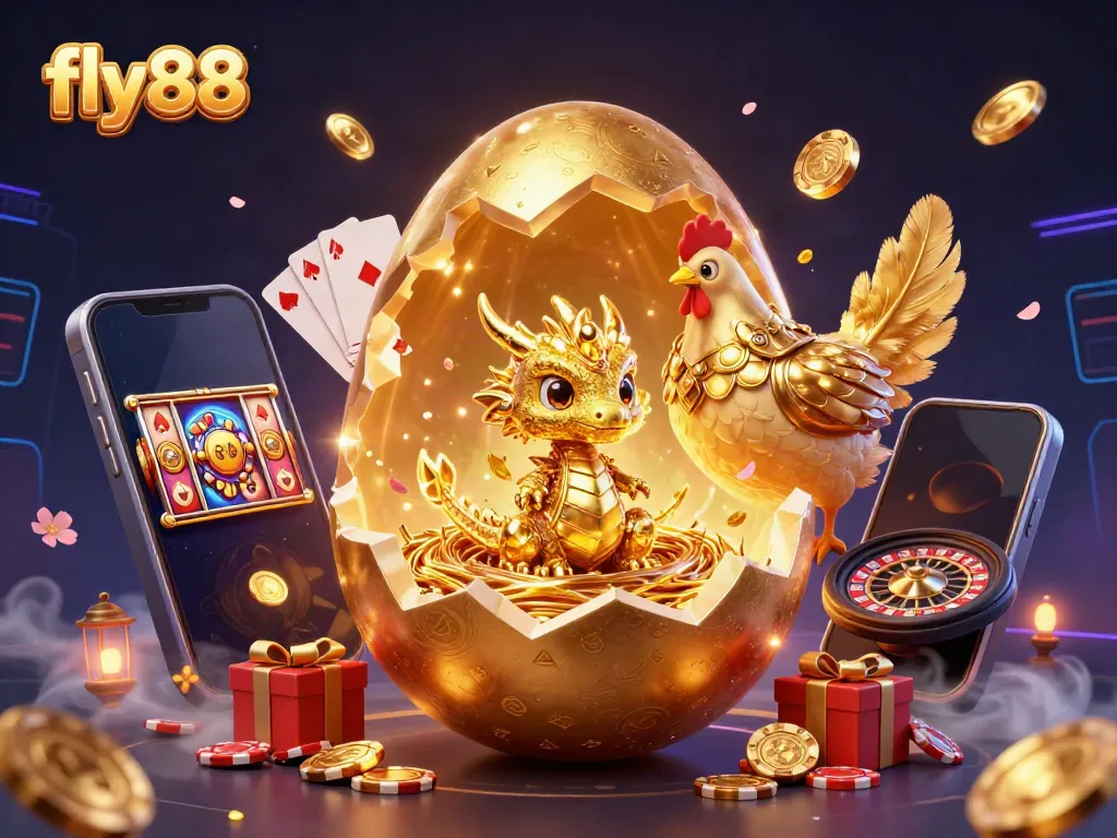 Experience the richness of fly88 casino with a golden dragon and vibrant gaming elements.