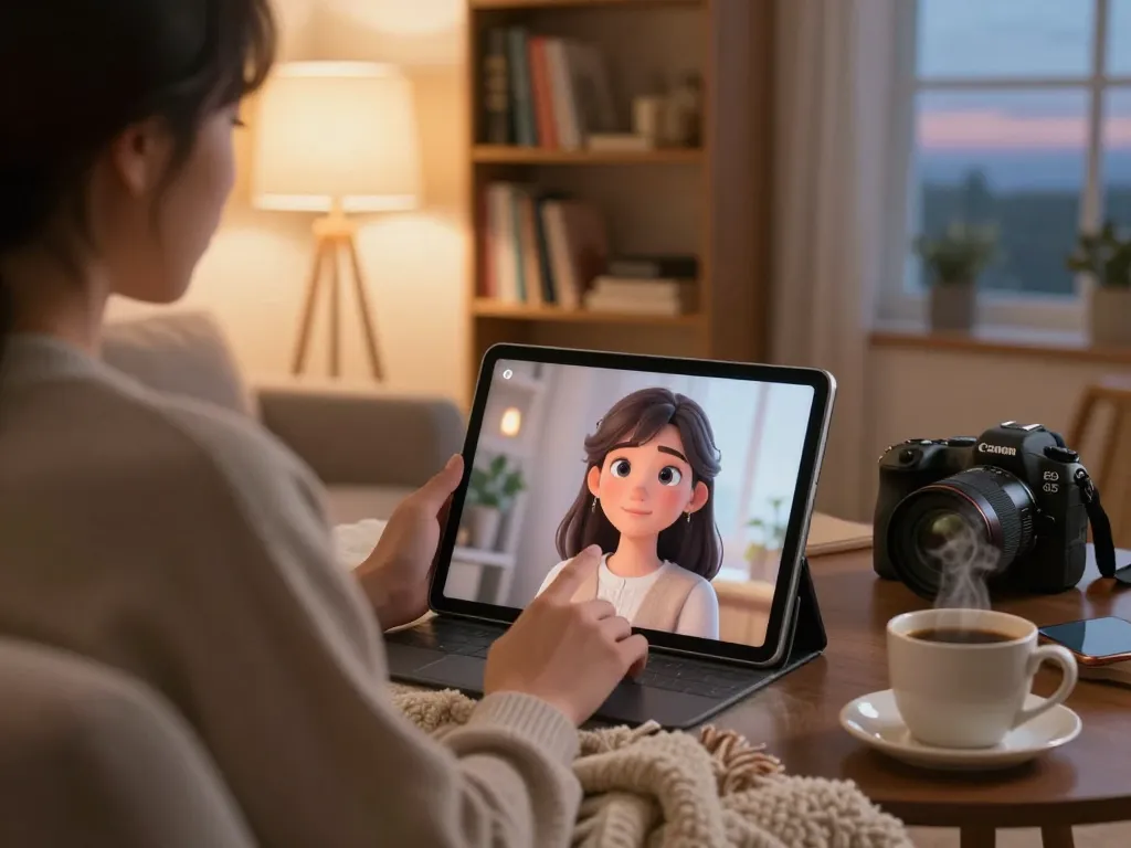 Person interacting with an AI girlfriend on a tablet in a cozy living room.