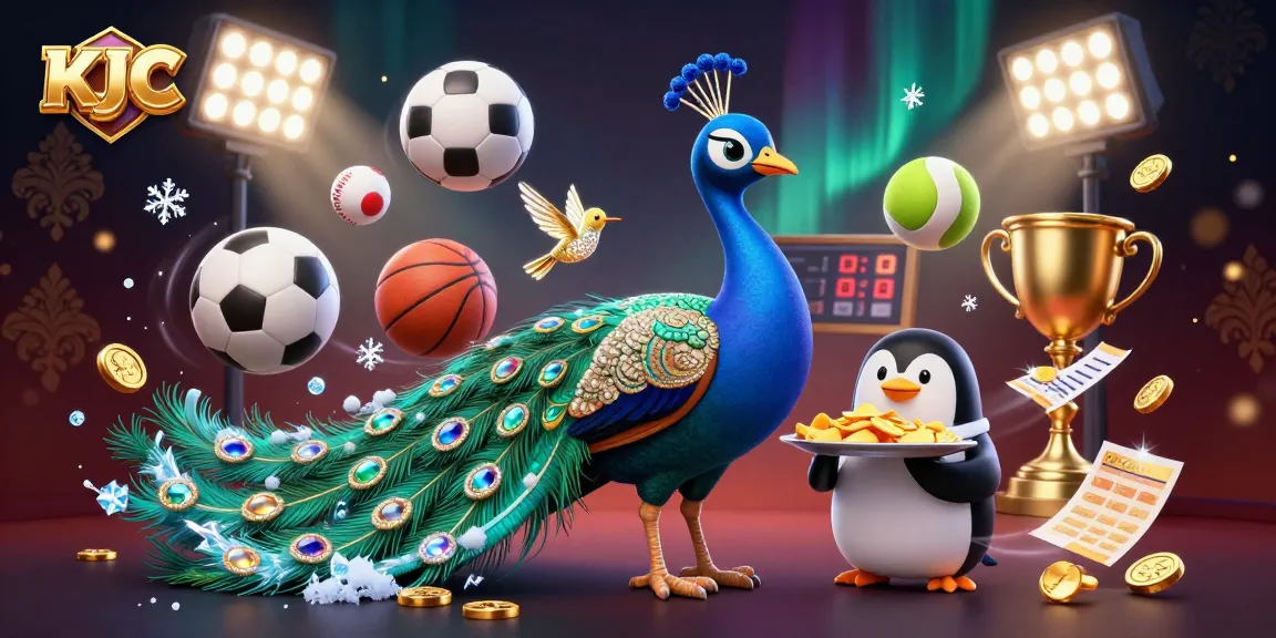 Experience KJC's vibrant casino scene with a peacock, a penguin waiter, and a hummingbird amid dynamic sports elements and prizes.