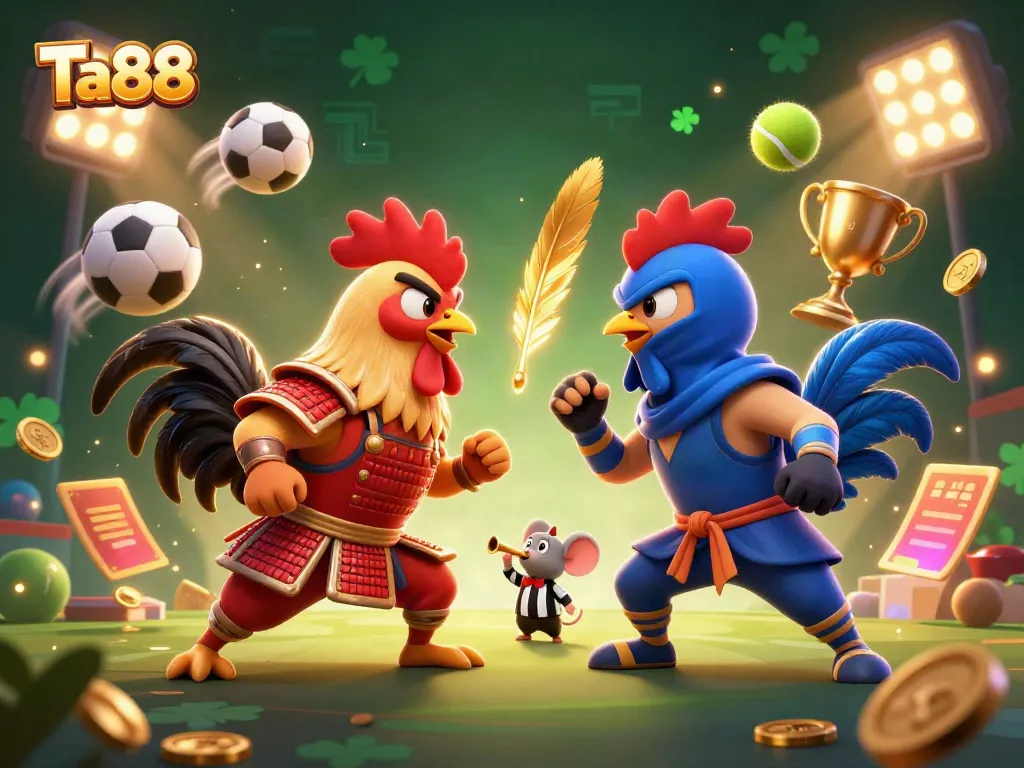 Experience thrilling bets with Ta88 through a dynamic illustration of fighting roosters and sports elements.