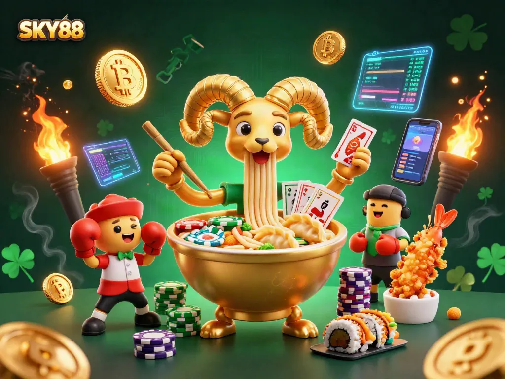 SKY88 players engage in vibrant casino action with a golden ramen bowl dealer and colorful crypto elements.