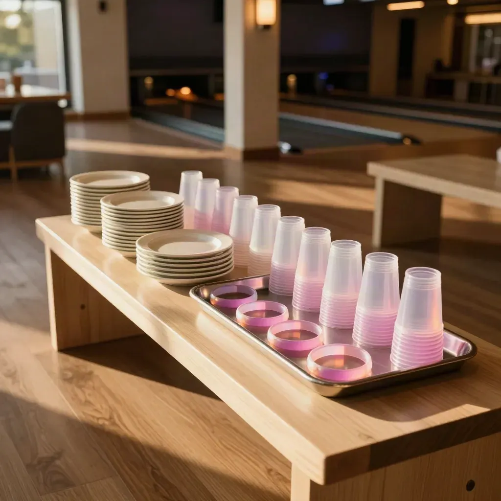 Birthday party setup with plates, cups, glow bracelets and soft game-zone light beyond.
