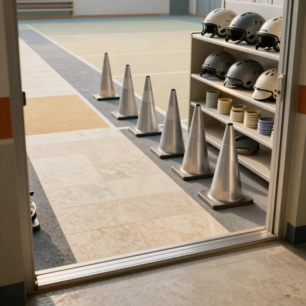 Diagonal school-trip arena entry with lane dividers, safety cones, wristbands and helmet shelves.