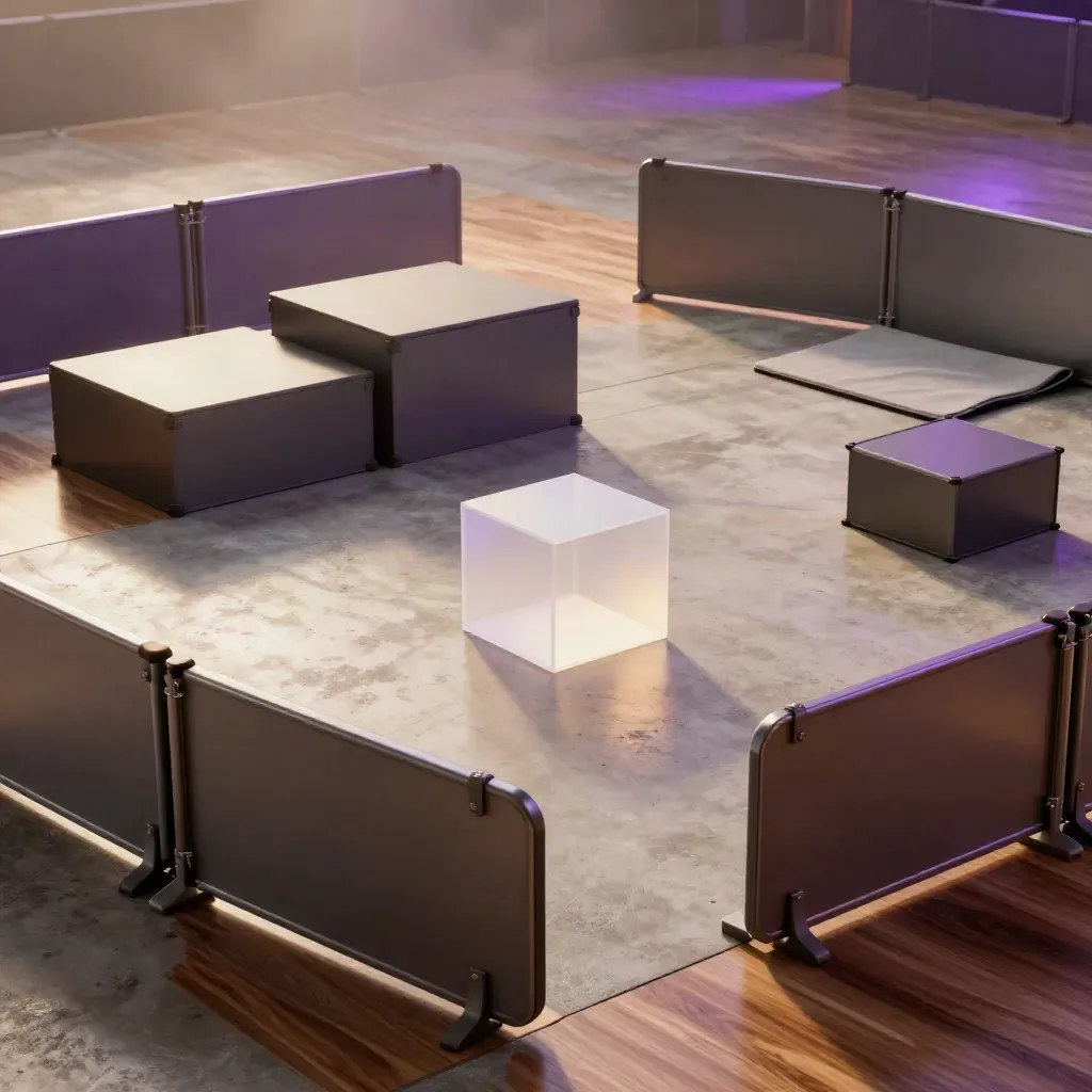Macro of score podiums, barricades and a prize cube in a misty laser arena
