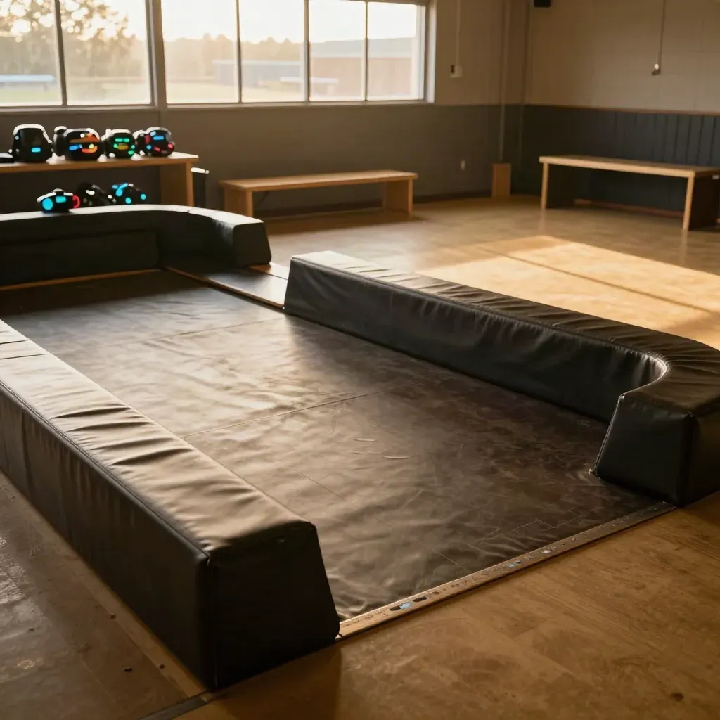 Empty laser tag birthday arena with benches, glow gear and padded lane blocks in warm afternoon light.