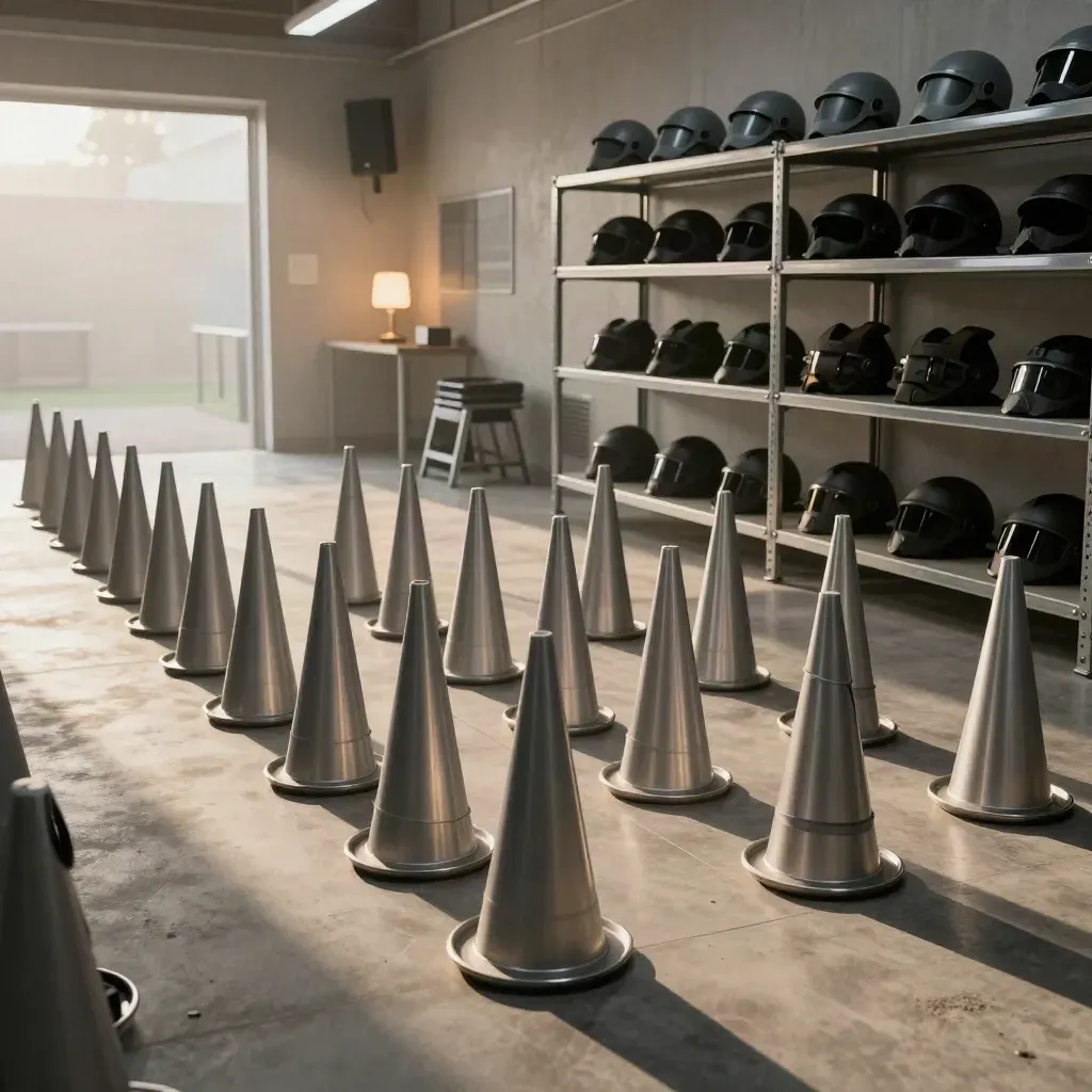 Moody school-trip laser tag start area with cones, wristbands, helmets and a briefing corner.