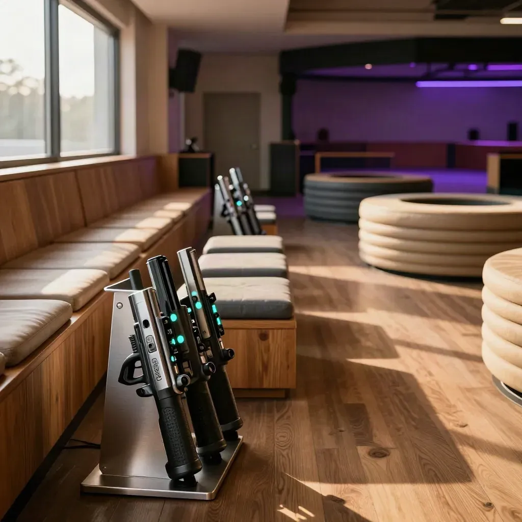 Empty laser tag lounge with blaster rack, shared bench and padded obstacles beside the arena