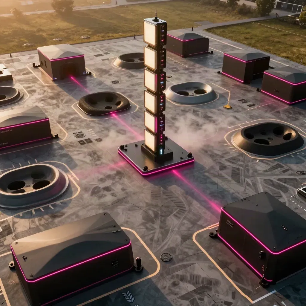 Overhead view of a neon-lit laser tag arena with bunkers, launch bays and a central score tower