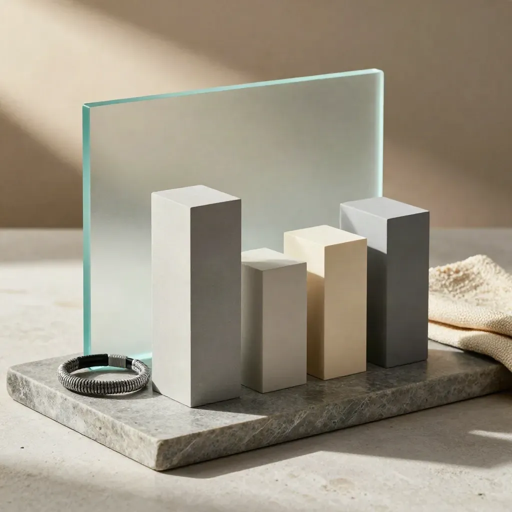 Stone tray with package blocks, wristband coil and arena marker in soft side light.