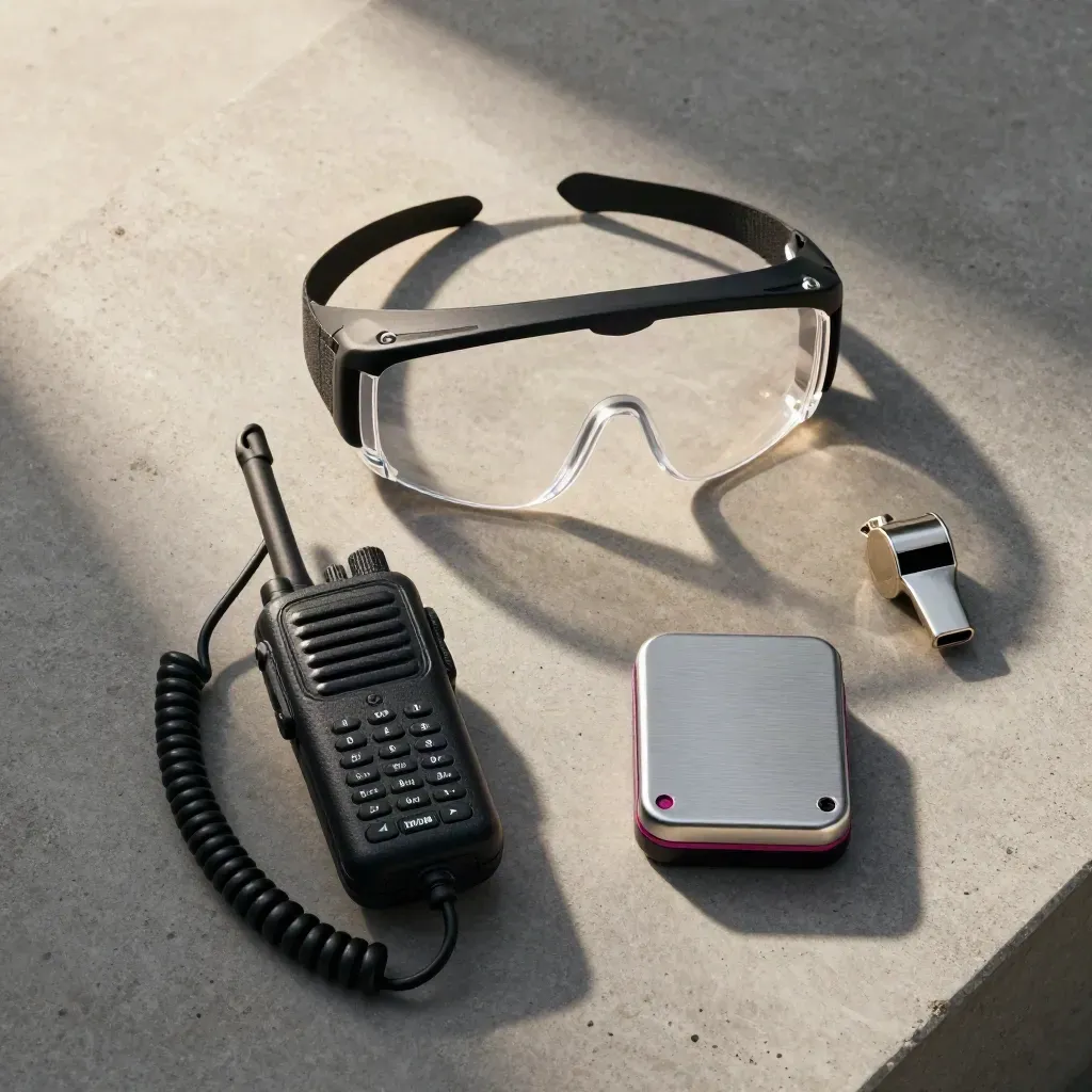 Briefing kit flatlay: goggles, radio, chest sensor and whistle on pale concrete.