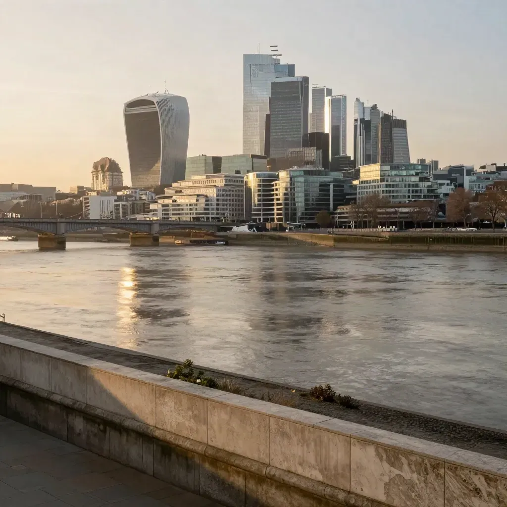 London skyline over the Thames in warm haze, with calm copy space below