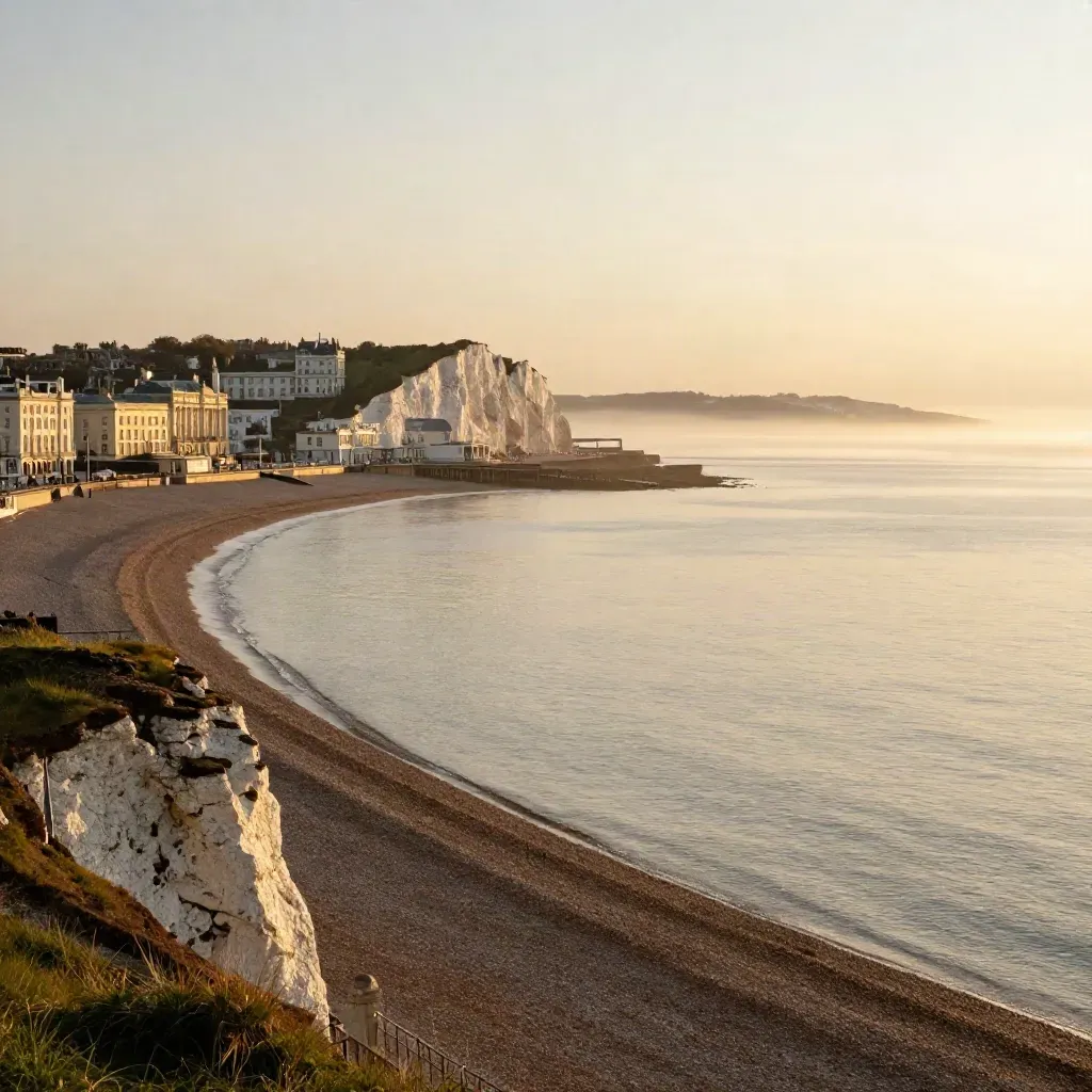 Brighton seafront and chalk coast at golden hour under sea mist, framed for copy.