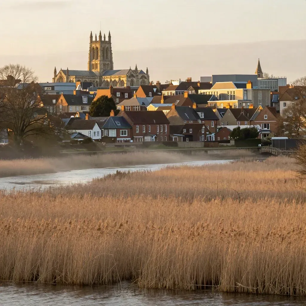 Norwich skyline above a misty river plain at golden hour, with open space below