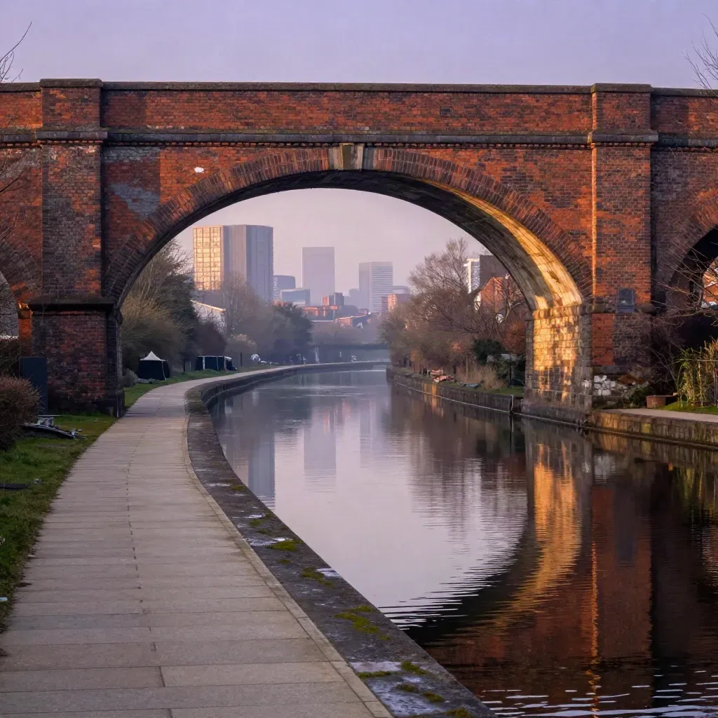 West Midlands canal viaduct with Birmingham skyline in warm dusk haze