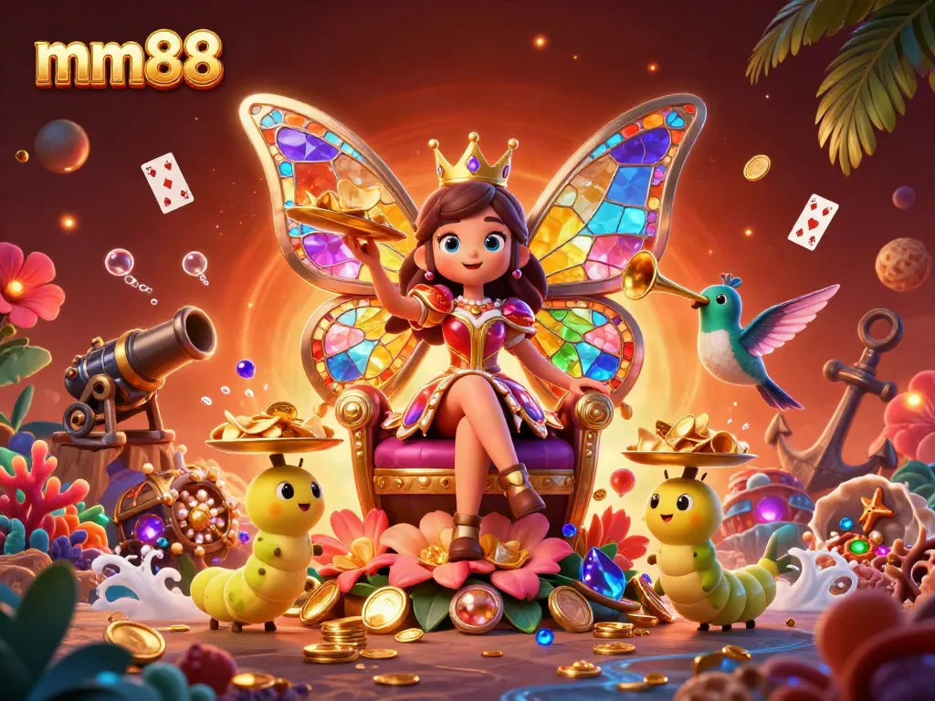 Engage with mm88's exciting butterfly-themed gaming experience in a vibrant casino scene.