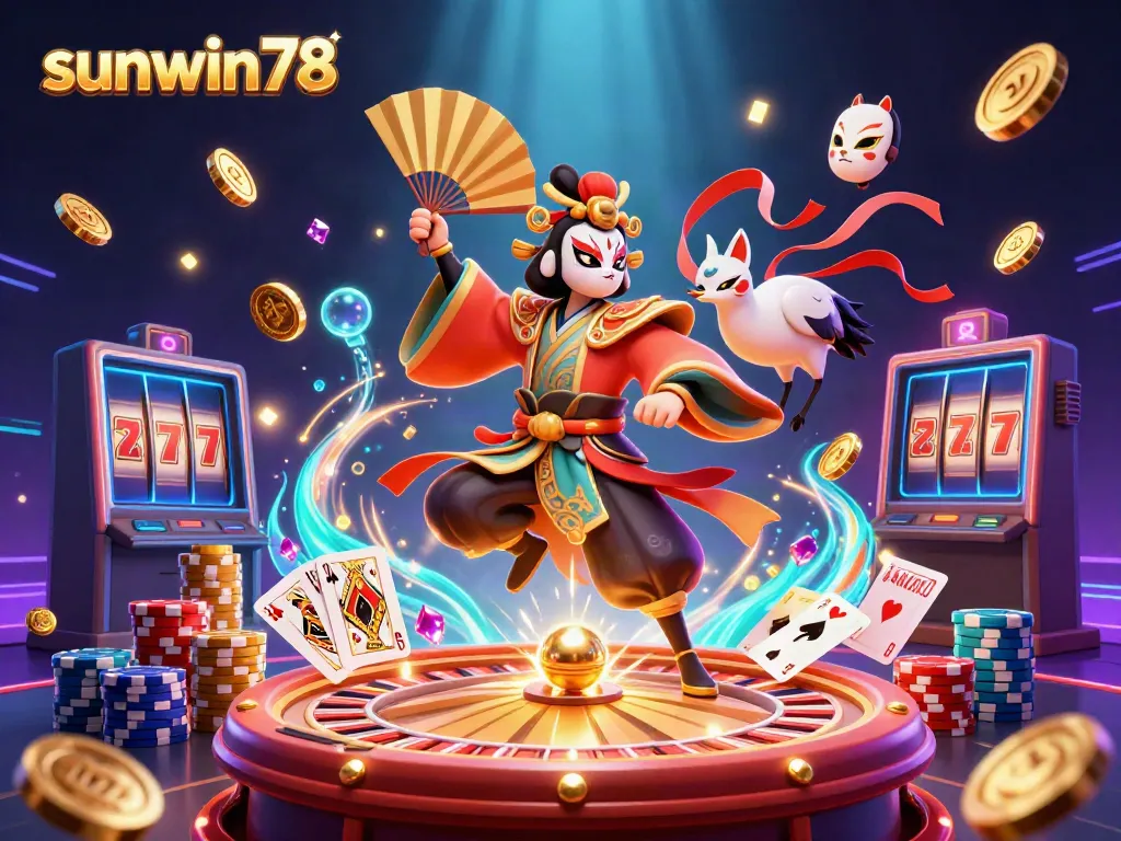 Experience the excitement with sunwin78 as a kabuki warrior and kitsune companion engage in casino gameplay.