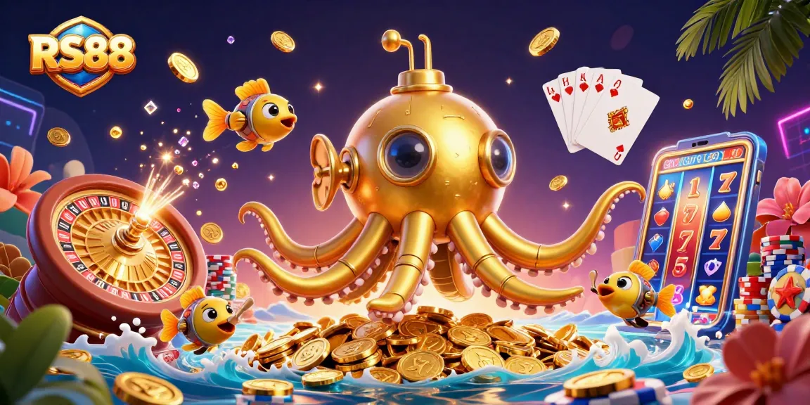 Engage in the exciting world of RS88, showcasing golden kraken submarine and casino elements.