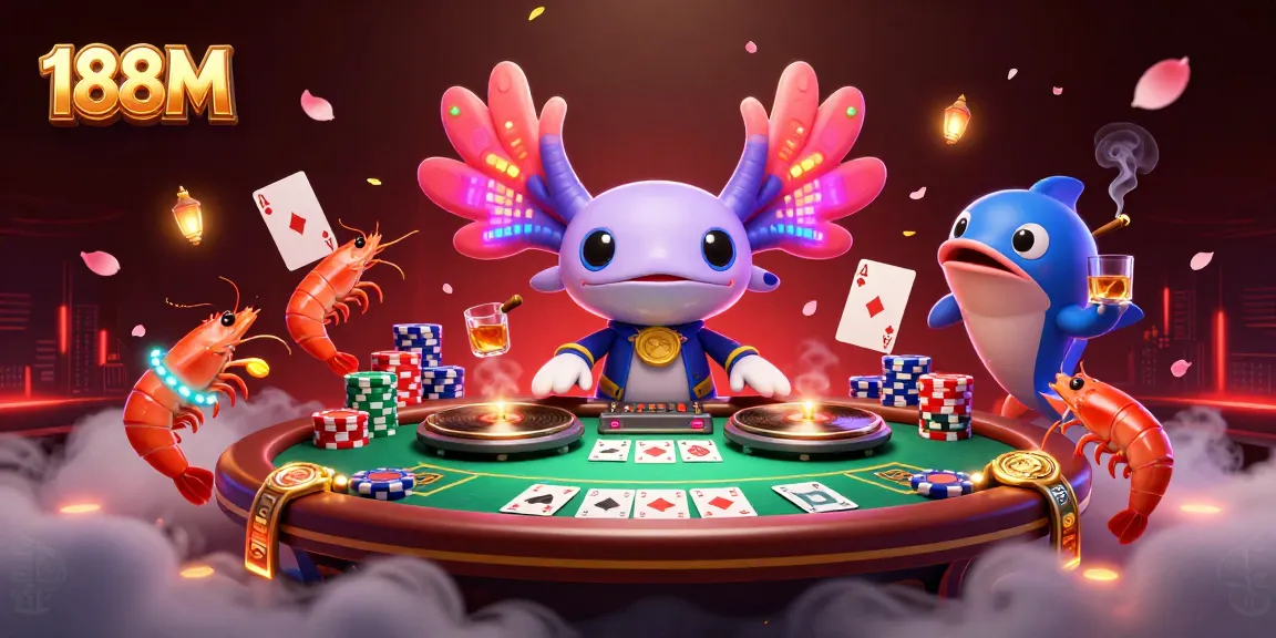 Engage with 188M's vibrant casino scene filled with a colorful axolotl DJ and poker elements.