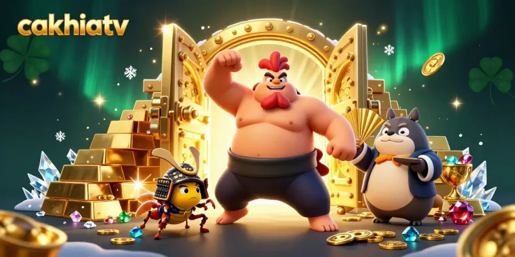 Cakhiatv shows a powerful sumo rooster and samurai cricket in a rich casino setting.