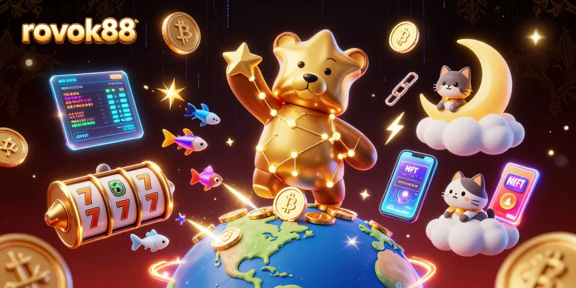Experience the vibrant energy of rokok88 in a dynamic casino-themed illustration with stars and coins.