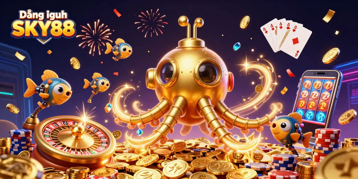 Experience Đăng nhập SKY88 with a vibrant illustration of golden coins, roulette, and slot machines.