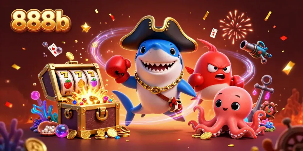 Engage in thrilling play at 888b with a vibrant casino scene showcasing characters and slot game elements.