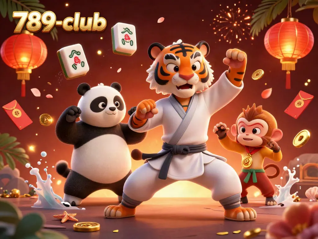 Experience the vibrant energy of 789-club with a kung fu tiger performing amidst festive casino elements, perfect for gamers.