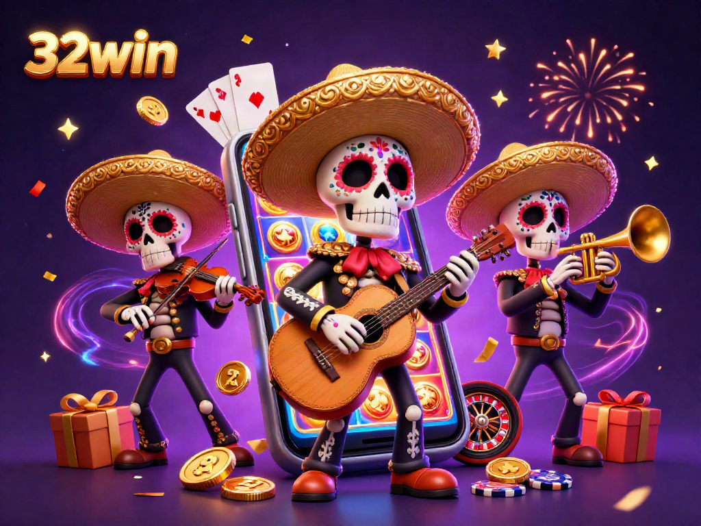 Join the exciting world of 32win with a vibrant mariachi band celebrating wins amidst colorful slots and casino elements.