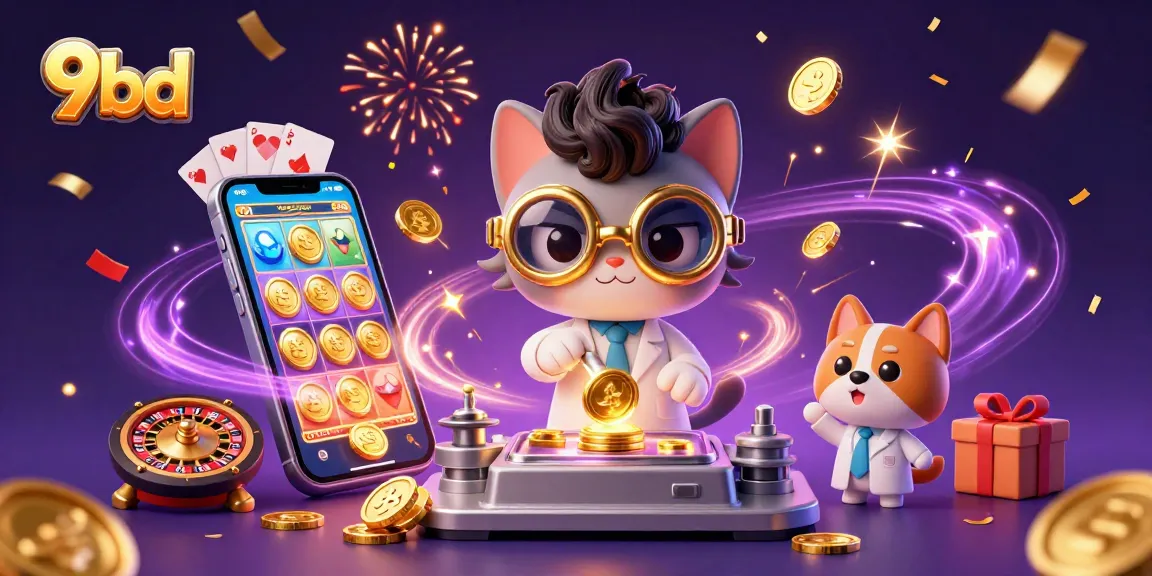 Engage with 9bd's thrilling gaming scene featuring a mad scientist cat and assistant dog amidst exciting slot games.