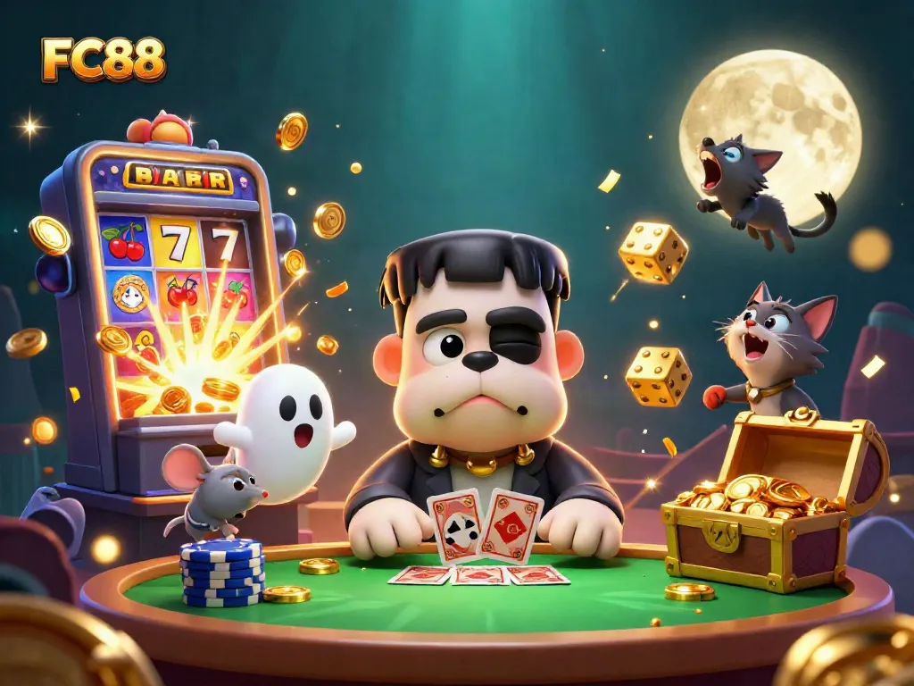 Experience thrilling FC88 gaming as a cartoon bulldog dealer and mystical characters vie for jackpots.