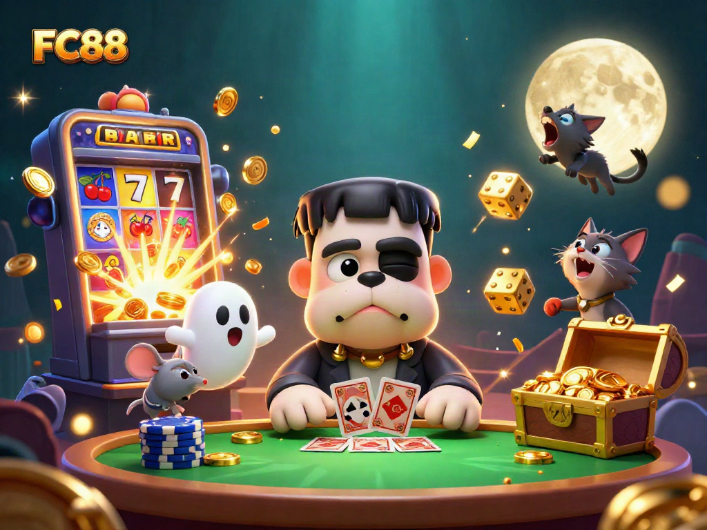 Experience thrilling FC88 gaming as a cartoon bulldog dealer and mystical characters vie for jackpots.