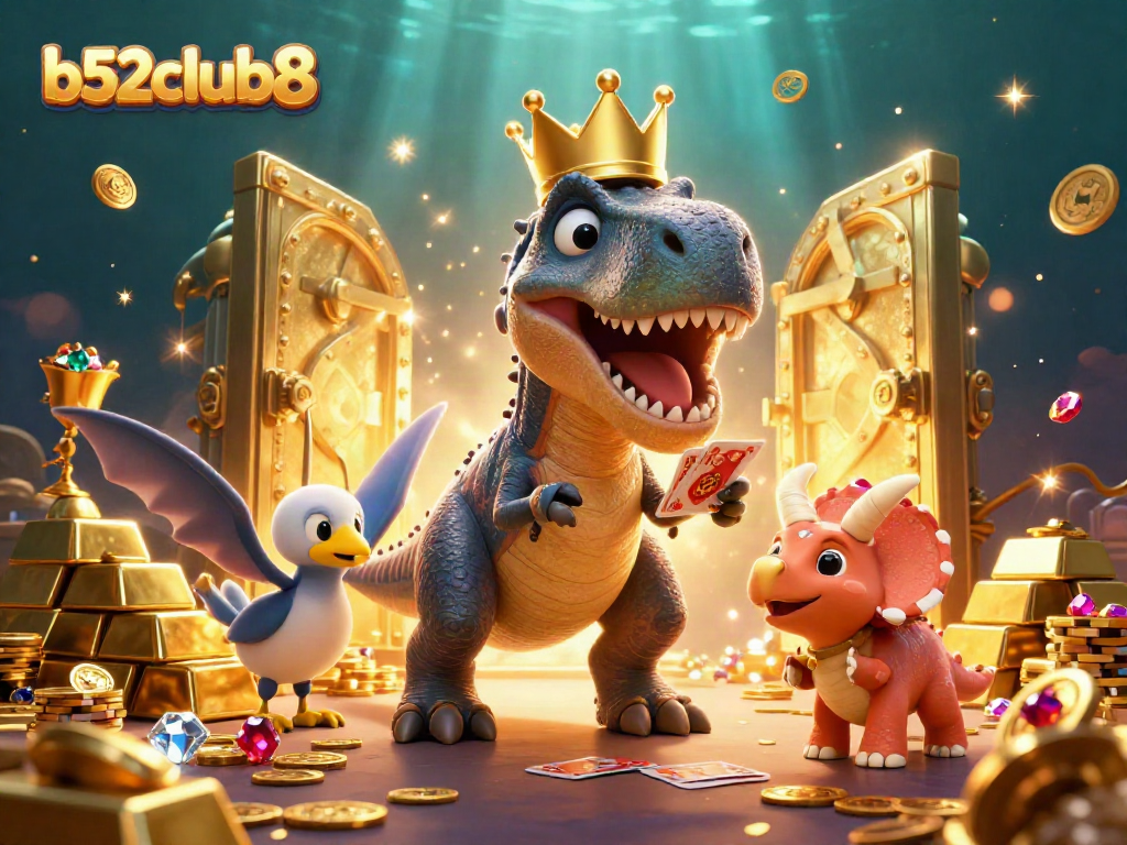Bets at b52club8 ignite excitement with a T-Rex, pterodactyl, and triceratops in a treasure-filled scene.