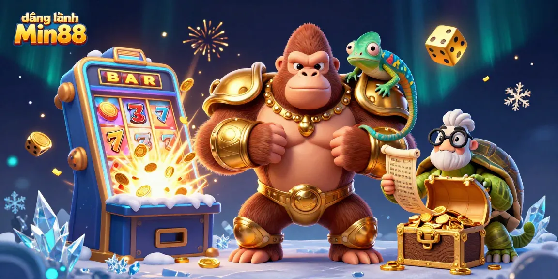 Engage in exciting gameplay with đăng nhập Min88 as the gorilla king and friends celebrate coin wins.
