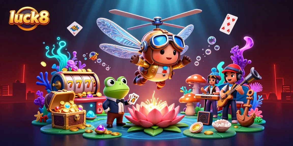 Experience luck8's vibrant casino world with a dragonfly pilot and frog croupier amidst dynamic game elements.