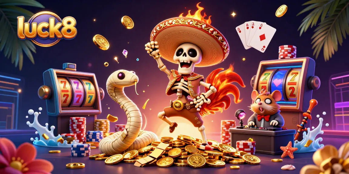 Spin the reels at luck8 with festive characters celebrating fortune and vibrant casino elements.