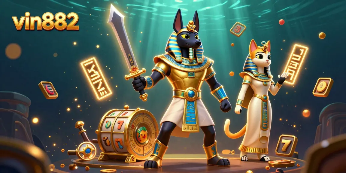 Experience the thrilling atmosphere of vin882 with Anubis and Bastet, jackpot symbols abound.