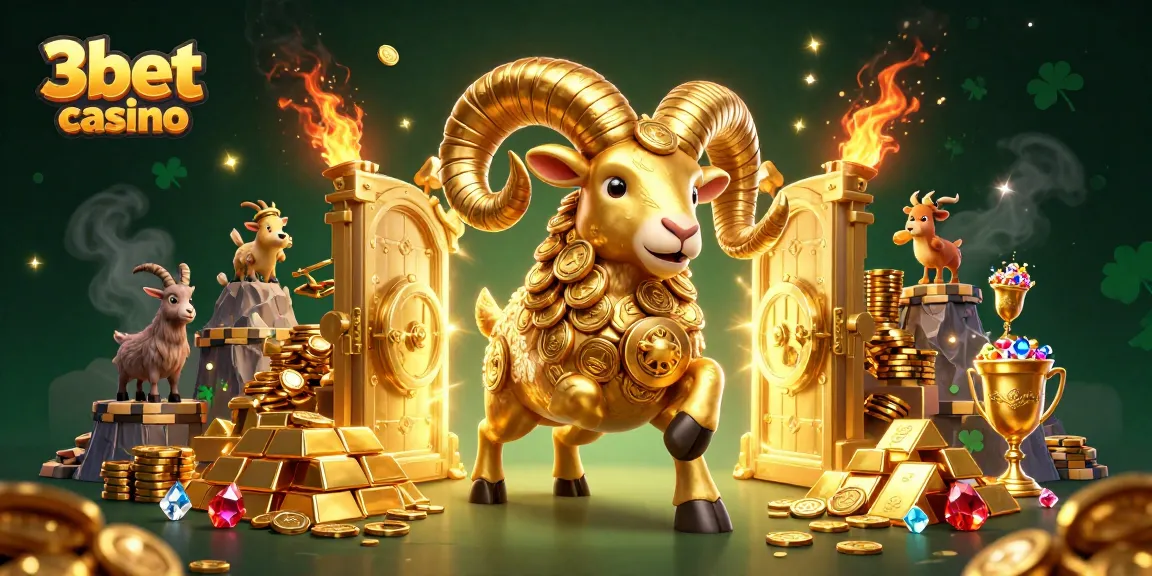 Experience the thrill of 3bet casino with a golden ram amid riches and game elements.