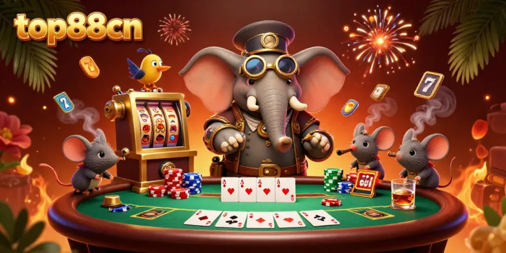 Experience thrilling games at top88cn with a steampunk elephant operating a vibrant slot machine.