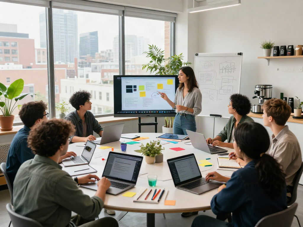 Dynamic team brainstorming in a tech workspace about 18+ ai innovations.