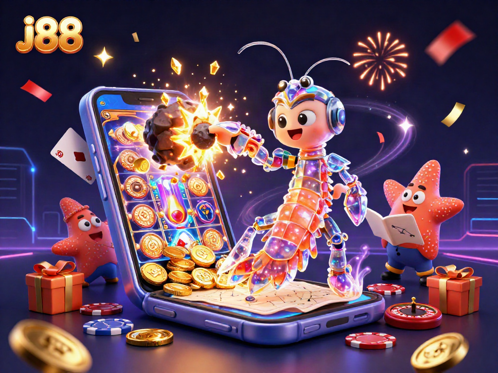 Engage in thrilling gameplay at j88 with cartoon galactic samurai mantis shrimp amid exploding gems and dynamic gambling elements.