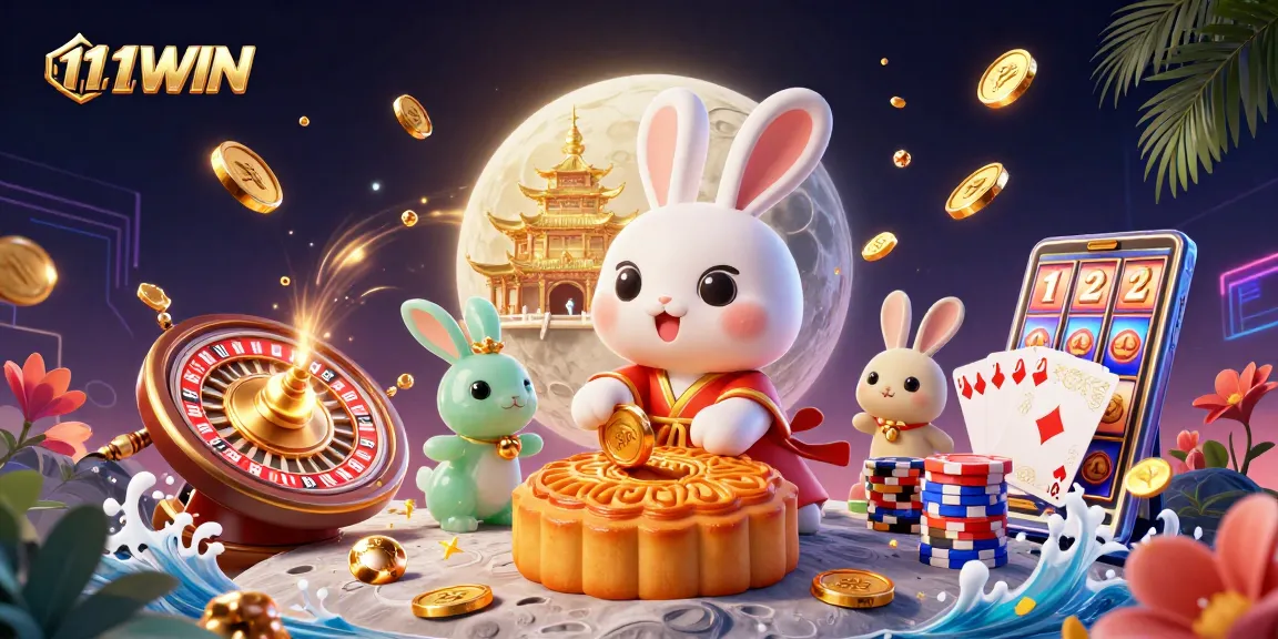 Win big with 11WIN casino—immersive 3D illustration of a moon rabbit amid casino excitement.