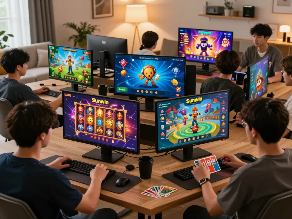 Exciting Sun win gaming scene with players engaged in diverse games and dynamic graphics.