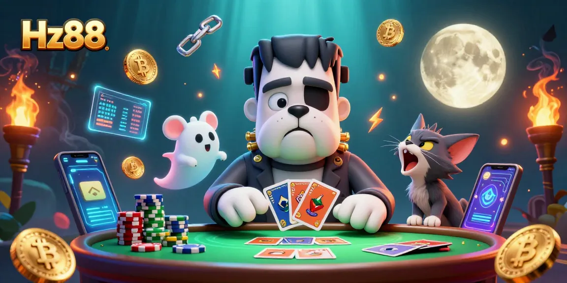Engage in thrilling card games at Hz88, featuring a playful monster dealer and crypto coins.