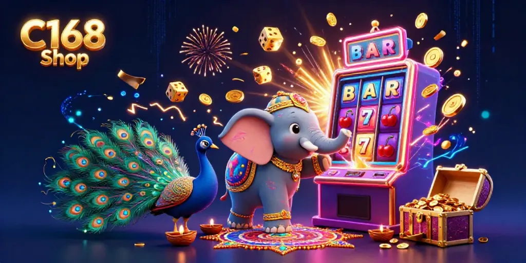 Experience excitement at C168 Shop with vibrant 3D casino elements and lucky symbols bursting in a lively scene.