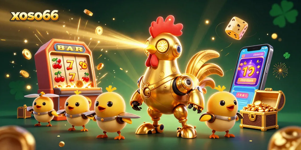 xoso66 players engage with vibrant jackpot scenes and a captivating golden rooster robot.
