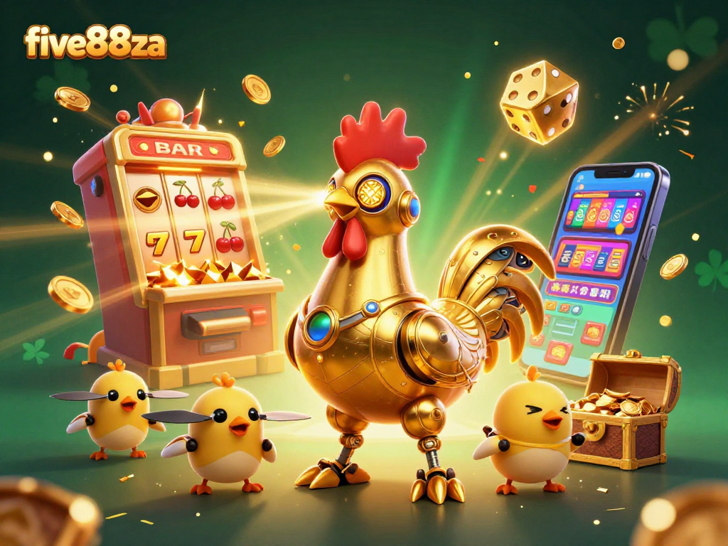 Experience the thrill at five88za with a vibrant 3D illustration of winning slots and fun characters.